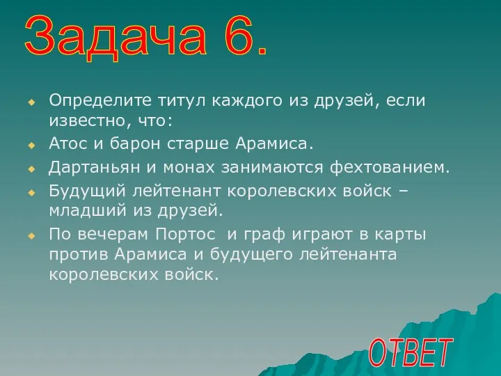 Определите титул каждого из друзей, если известно, что: Атос и барон старше Арамиса.