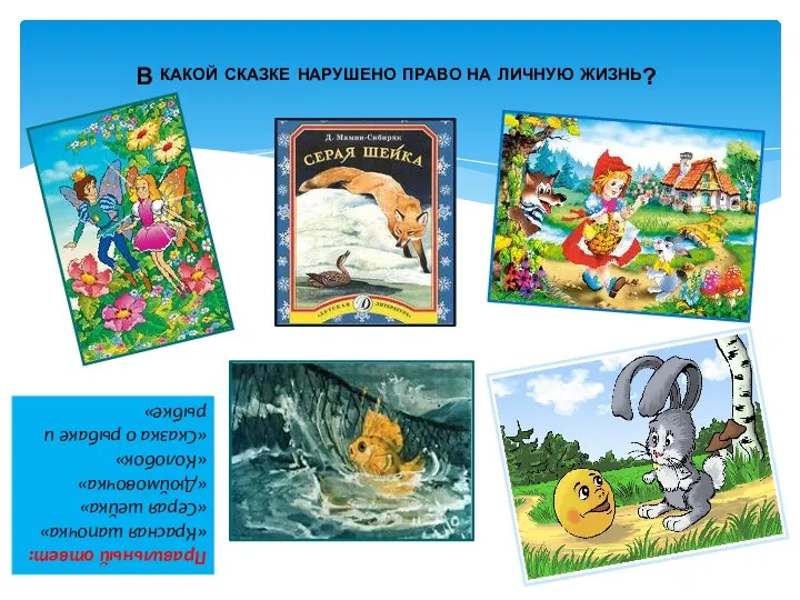 В какой сказке нарушено право на личную жизнь? Правильный ответ: