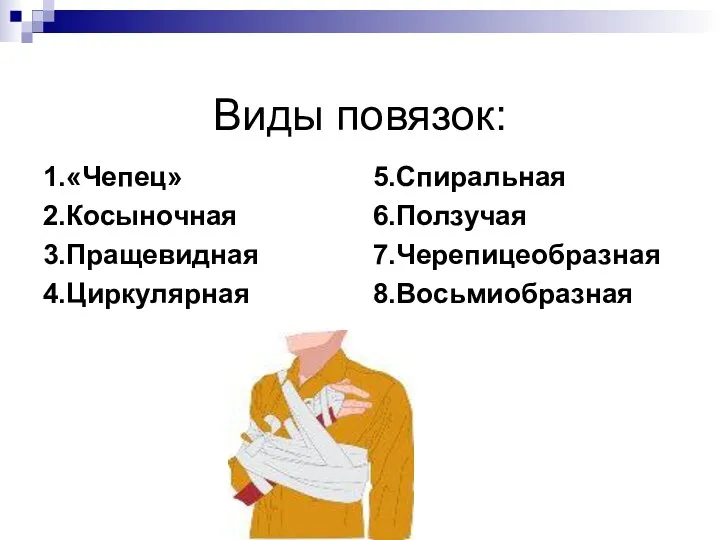 Виды повязок: 1.«Чепец» 2.Косыночная 3.Пращевидная 4.Циркулярная 5.Спиральная 6.Ползучая 7.Черепицеобразная 8.Восьмиобразная