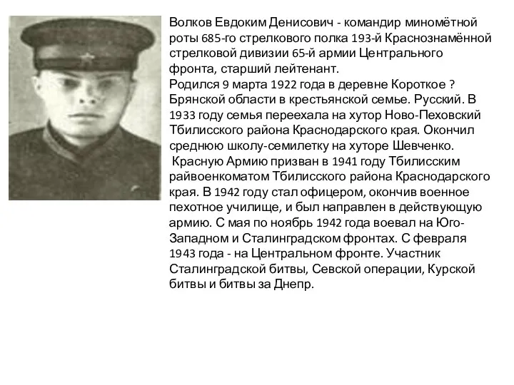Волков Евдоким Денисович - командир миномётной роты 685-го стрелкового полка 193-й Краснознамённой стрелковой