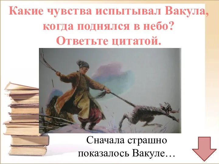 Какие чувства испытывал Вакула, когда поднялся в небо? Ответьте цитатой. Сначала страшно показалось Вакуле…