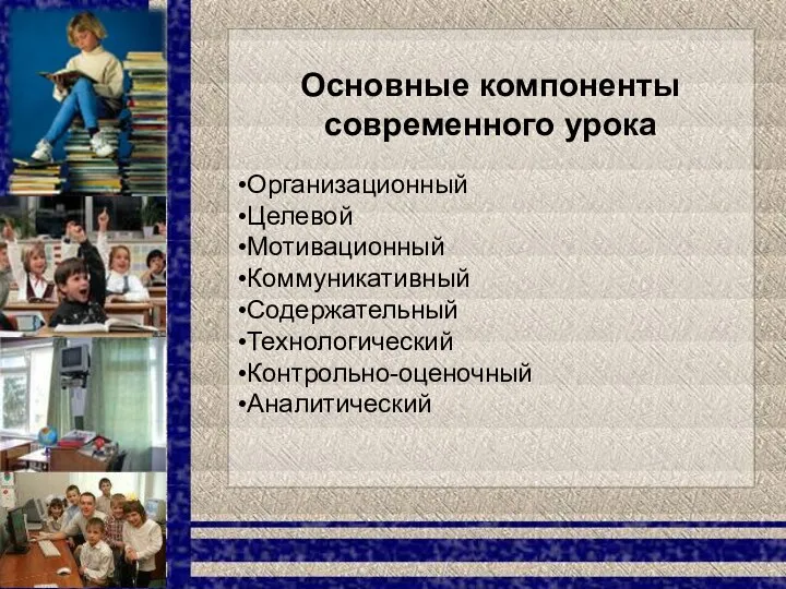 Основные компоненты современного урока Организационный Целевой Мотивационный Коммуникативный Содержательный Технологический Контрольно-оценочный Аналитический