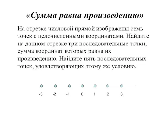 «Сумма равна произведению» На отрезке числовой прямой изображены семь точек