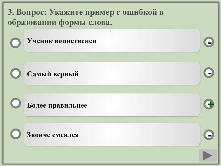 3. Вопрос: Укажите пример с ошибкой в образовании формы слова. Более правильнее Самый