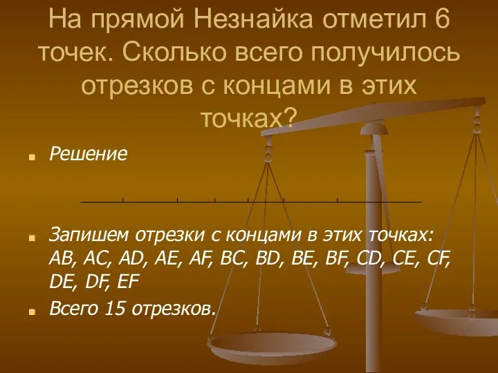 На прямой Незнайка отметил 6 точек. Сколько всего получилось отрезков