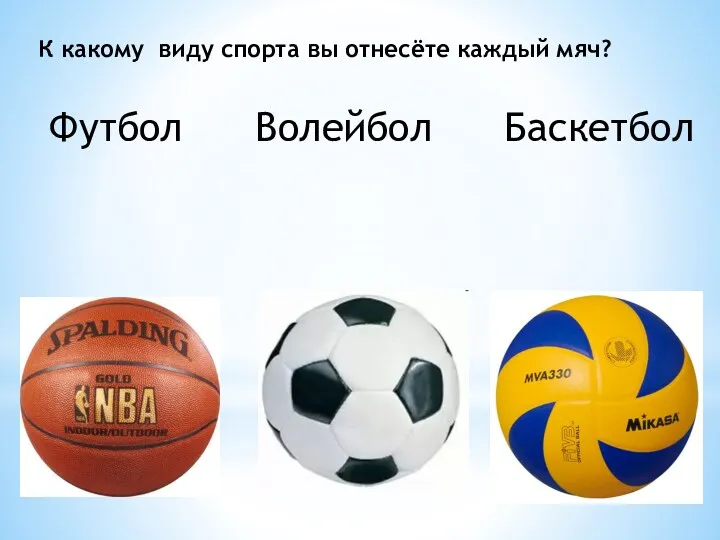 К какому виду спорта вы отнесёте каждый мяч? Футбол Волейбол Баскетбол