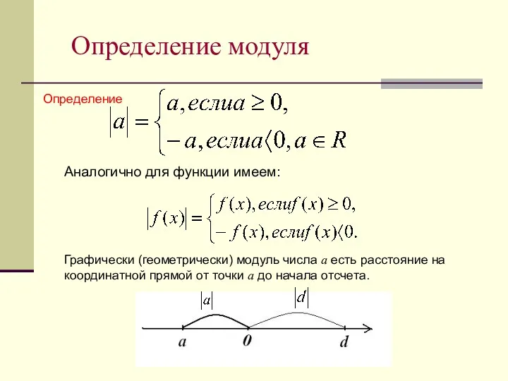 Определение модуля Аналогично для функции имеем: Графически (геометрически) модуль числа а есть расстояние