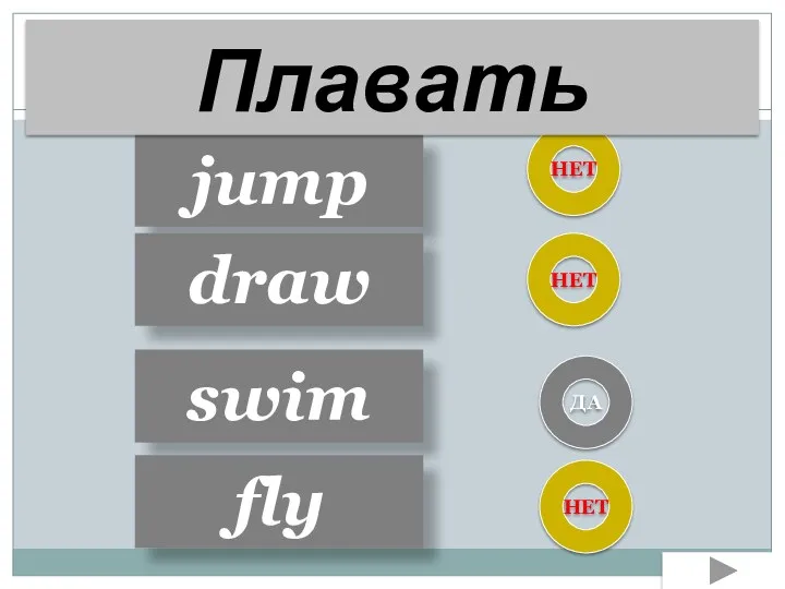 jump draw swim fly НЕТ НЕТ НЕТ ДА Плавать