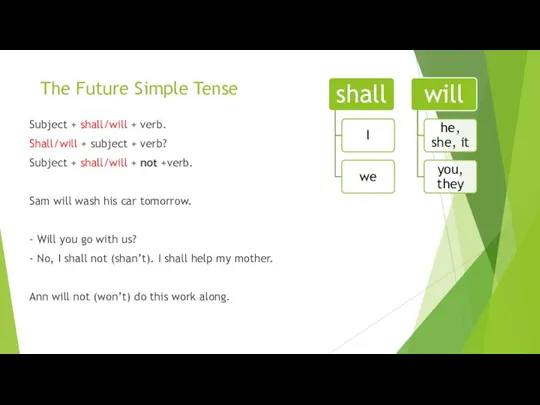 The Future Simple Tense Subject + shall/will + verb. Shall/will + subject +