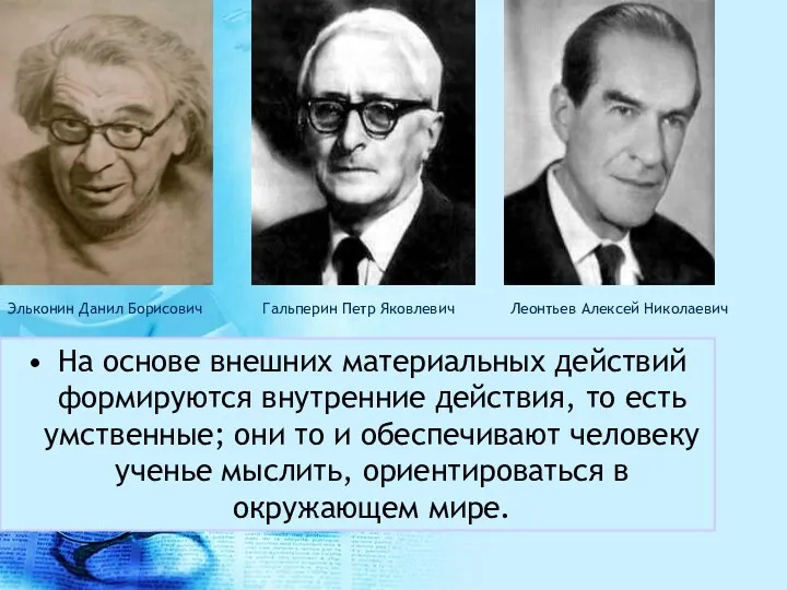 Эльконин Данил Борисович Гальперин Петр Яковлевич Леонтьев Алексей Николаевич На