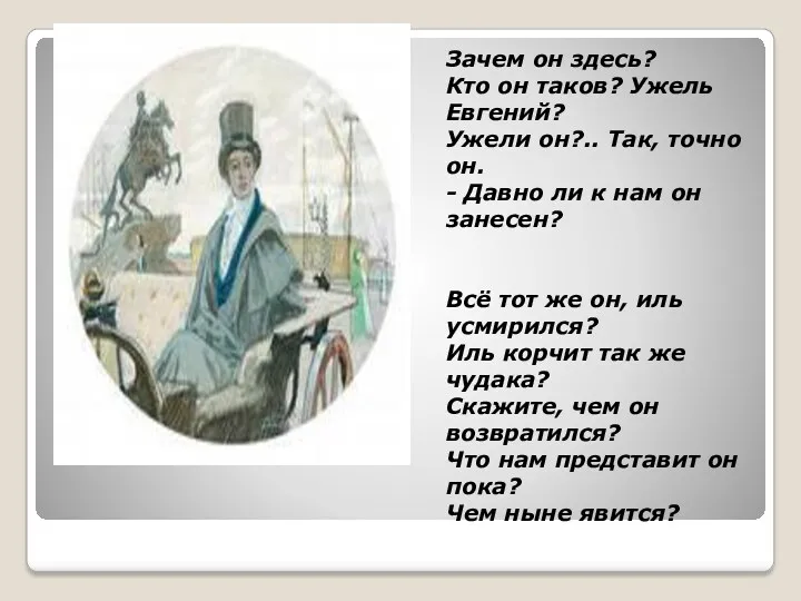 Зачем он здесь? Кто он таков? Ужель Евгений? Ужели он?..