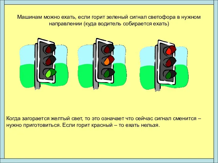 Машинам можно ехать, если горит зеленый сигнал светофора в нужном