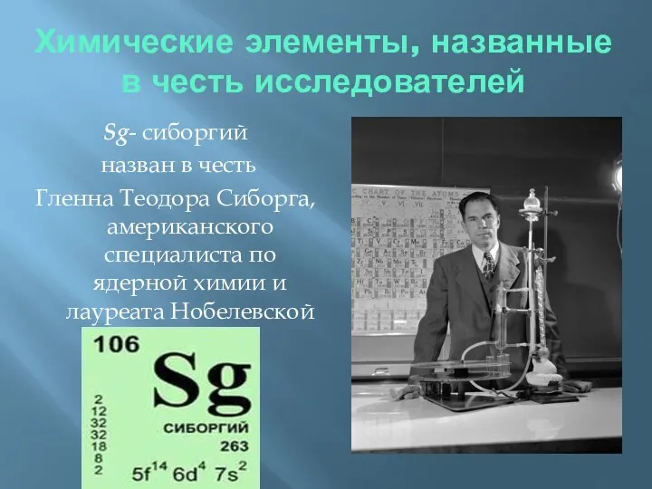Химические элементы, названные в честь исследователей Sg- сиборгий назван в