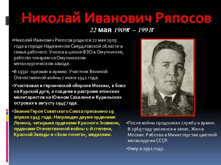 Николай Иванович Ряпосов родился 22 мая 1909 года в городе