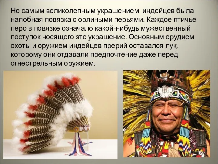 Но самым великолепным украшением индейцев была налобная повязка с орлиными перьями. Каждое птичье