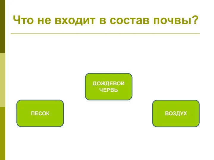 Что не входит в состав почвы? ДОЖДЕВОЙ ЧЕРВЬ ПЕСОК ВОЗДУХ