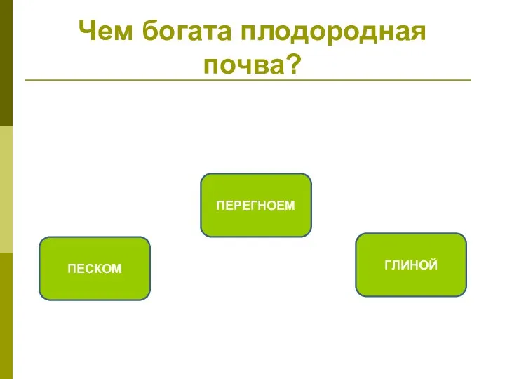 Чем богата плодородная почва? ПЕРЕГНОЕМ ПЕСКОМ ГЛИНОЙ