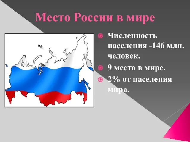 Место России в мире Численность населения -146 млн. человек. 9 место в мире.