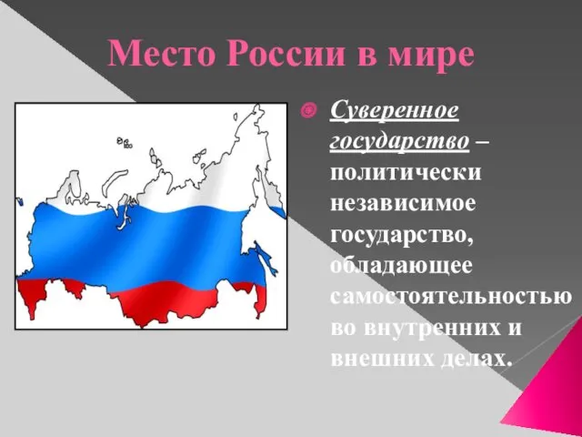 Место России в мире Суверенное государство – политически независимое государство, обладающее самостоятельностью во