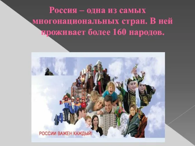 Россия – одна из самых многонациональных стран. В ней проживает более 160 народов.