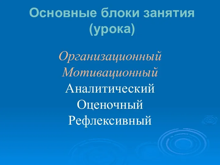 Основные блоки занятия (урока) Организационный Мотивационный Аналитический Оценочный Рефлексивный