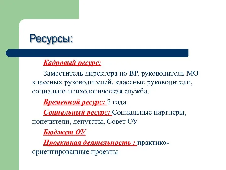 Ресурсы: Кадровый ресурс: Заместитель директора по ВР, руководитель МО классных