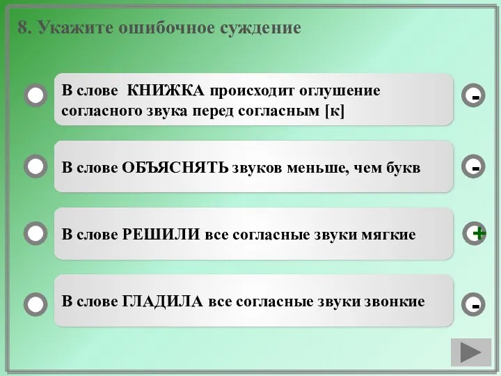 8. Укажите ошибочное суждение В слове КНИЖКА происходит оглушение согласного