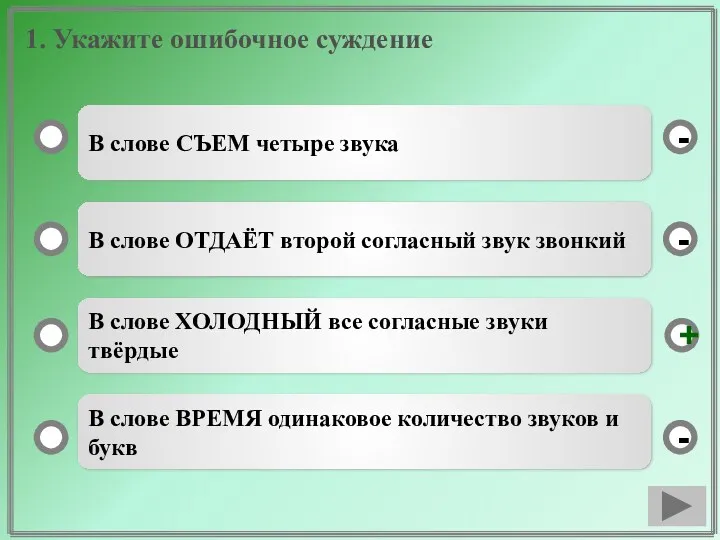 1. Укажите ошибочное суждение В слове СЪЕМ четыре звука В