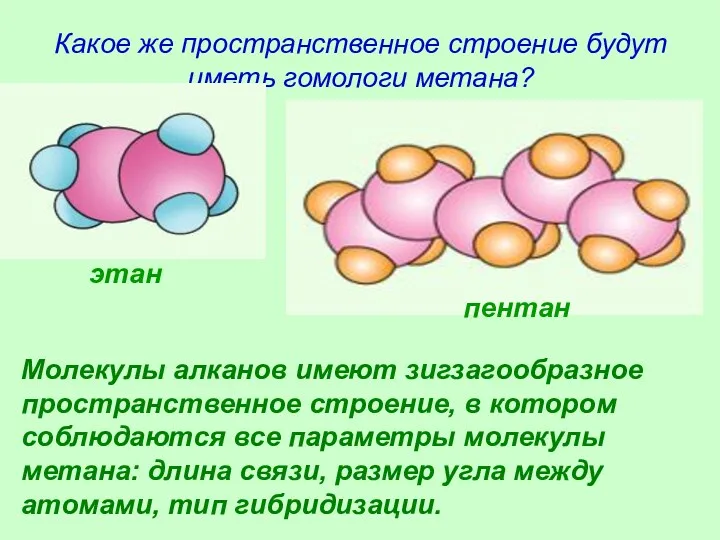 Какое же пространственное строение будут иметь гомологи метана? этан пентан