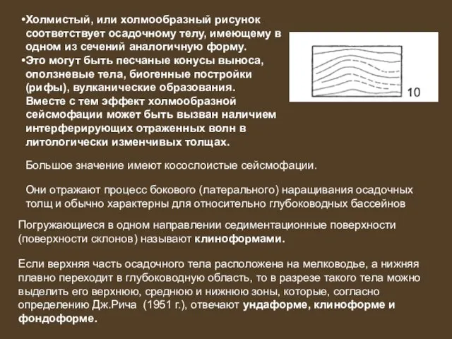 Холмистый, или холмообразный рисунок соответствует осадочному телу, имеющему в одном