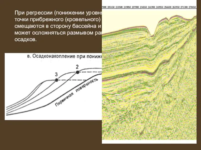 При регрессии (понижении уровня моря или воздымании суши) точки прибрежного