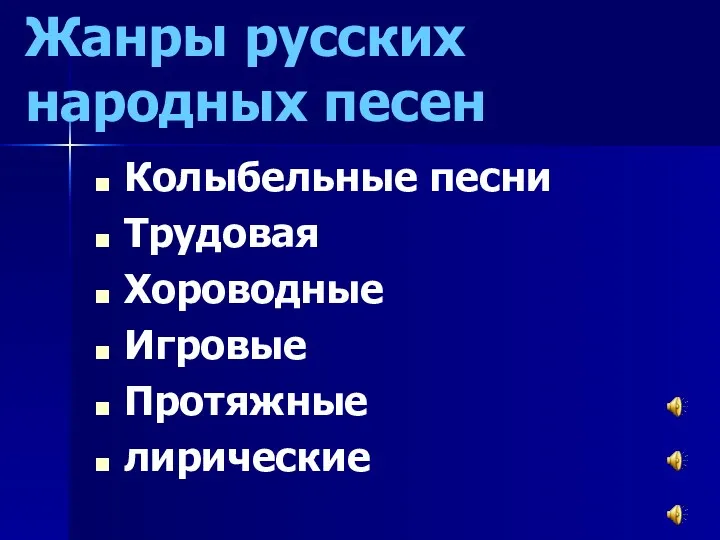 Жанры русских народных песен Колыбельные песни Трудовая Хороводные Игровые Протяжные лирические