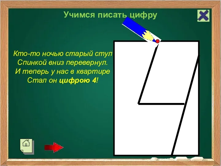 Учимся писать цифру Кто-то ночью старый стул Спинкой вниз перевернул.