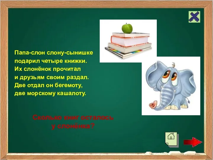 Папа-слон слону-сынишке подарил четыре книжки. Их слонёнок прочитал и друзьям