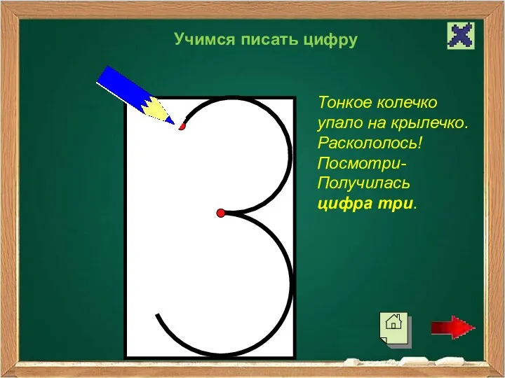 Учимся писать цифру Тонкое колечко упало на крылечко. Раскололось! Посмотри- Получилась цифра три.