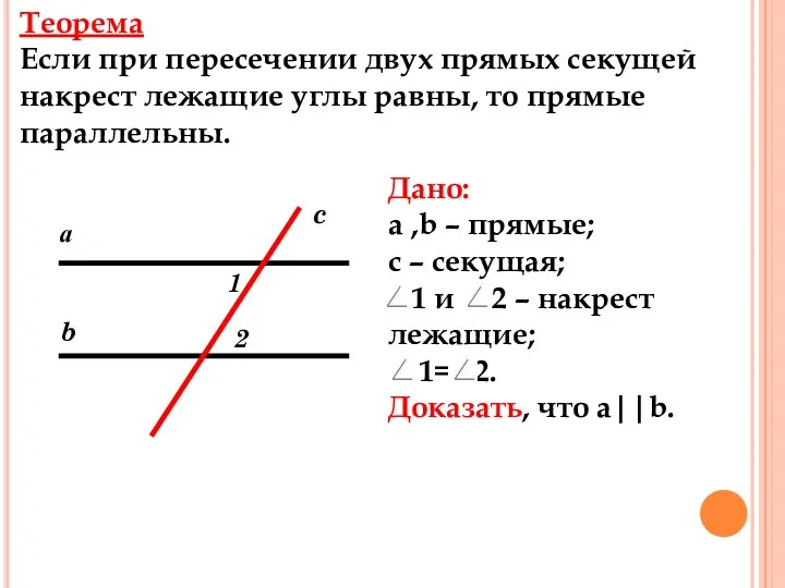 Теорема Если при пересечении двух прямых секущей накрест лежащие углы равны, то прямые