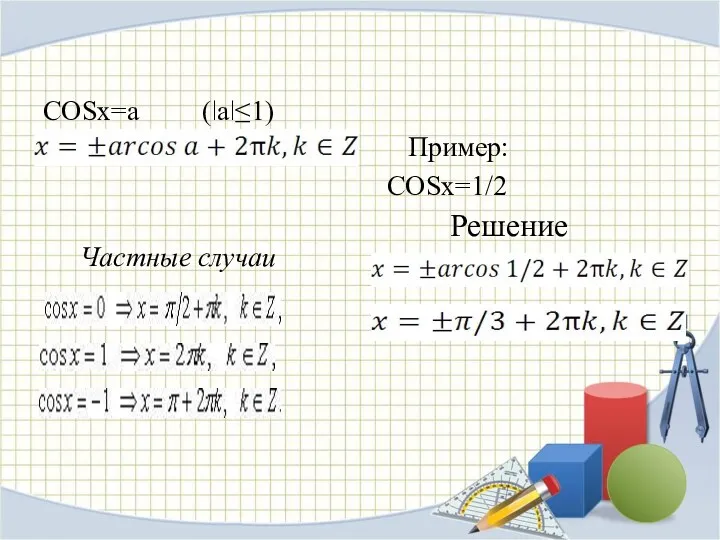 COSx=a (ǀaǀ≤1) Пример: COSx=1/2 Частные случаи Решение