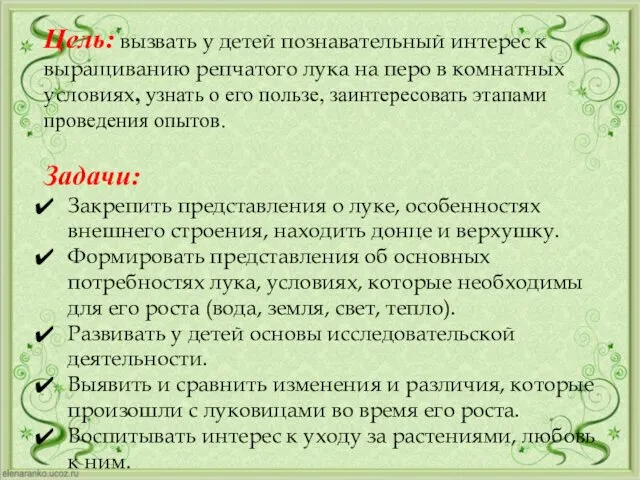 Цель: вызвать у детей познавательный интерес к выращиванию репчатого лука