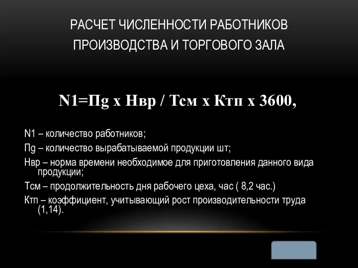 РАСЧЕТ ЧИСЛЕННОСТИ РАБОТНИКОВ ПРОИЗВОДСТВА И ТОРГОВОГО ЗАЛА N1=Пg х Нвр