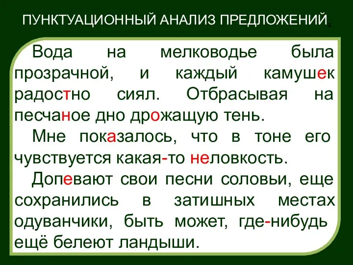 ПУНКТУАЦИОННЫЙ АНАЛИЗ ПРЕДЛОЖЕНИЙ. Вода на мелководье была прозрачной, и каждый