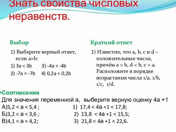 Знать свойства числовых неравенств. Выбор Краткий ответ 1) Выберите верный ответ, если a>b: