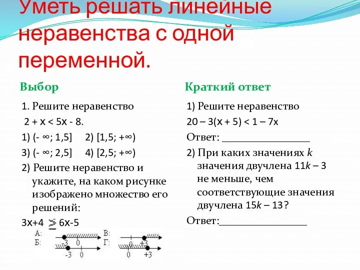 Уметь решать линейные неравенства с одной переменной. Выбор Краткий ответ 1. Решите неравенство