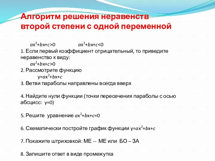 Алгоритм решения неравенств второй степени с одной переменной ax2+bx+c>0 ax2+bx+c 1. Если первый