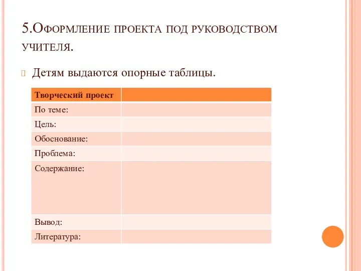 5.Оформление проекта под руководством учителя. Детям выдаются опорные таблицы.