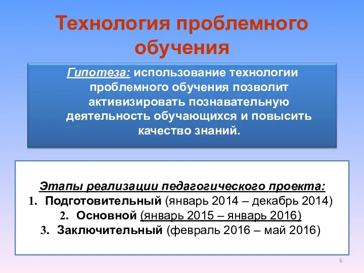 Технология проблемного обучения Этапы реализации педагогического проекта: Подготовительный (январь 2014