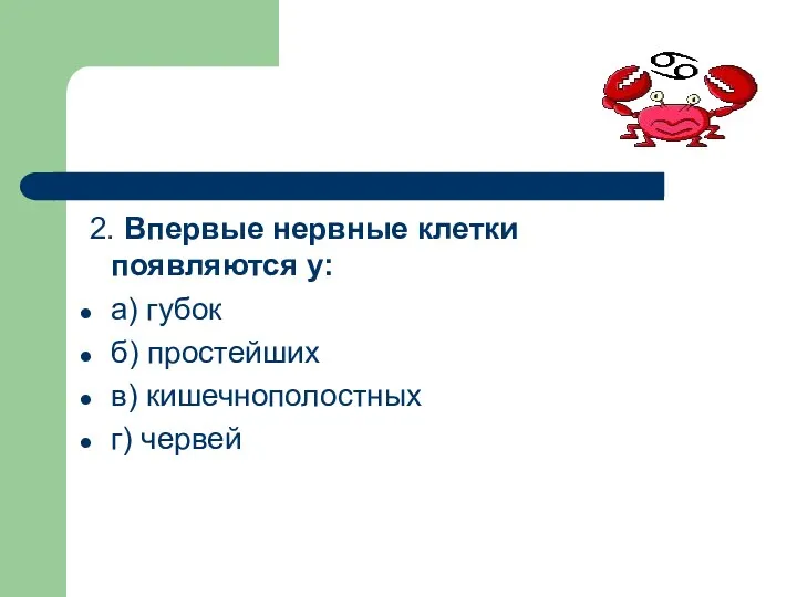 2. Впервые нервные клетки появляются у: а) губок б) простейших в) кишечнополостных г) червей