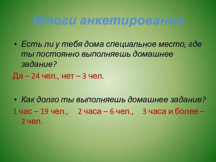 Итоги анкетирования Есть ли у тебя дома специальное место, где ты постоянно выполняешь