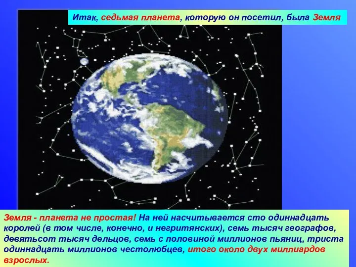 09/18/2023 Агафонова Е.Е. Итак, седьмая планета, которую он посетил, была Земля Земля -