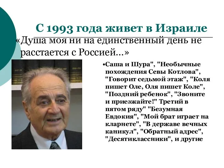 С 1993 года живет в Израиле «Душа моя ни на