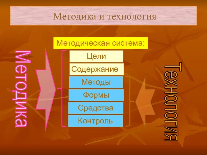 Методика и технология Методическая система: